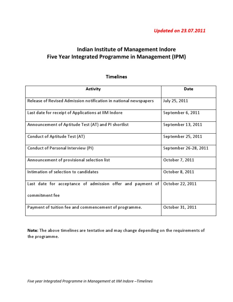 IIM Indore IPM Schedule 2011 | PDF