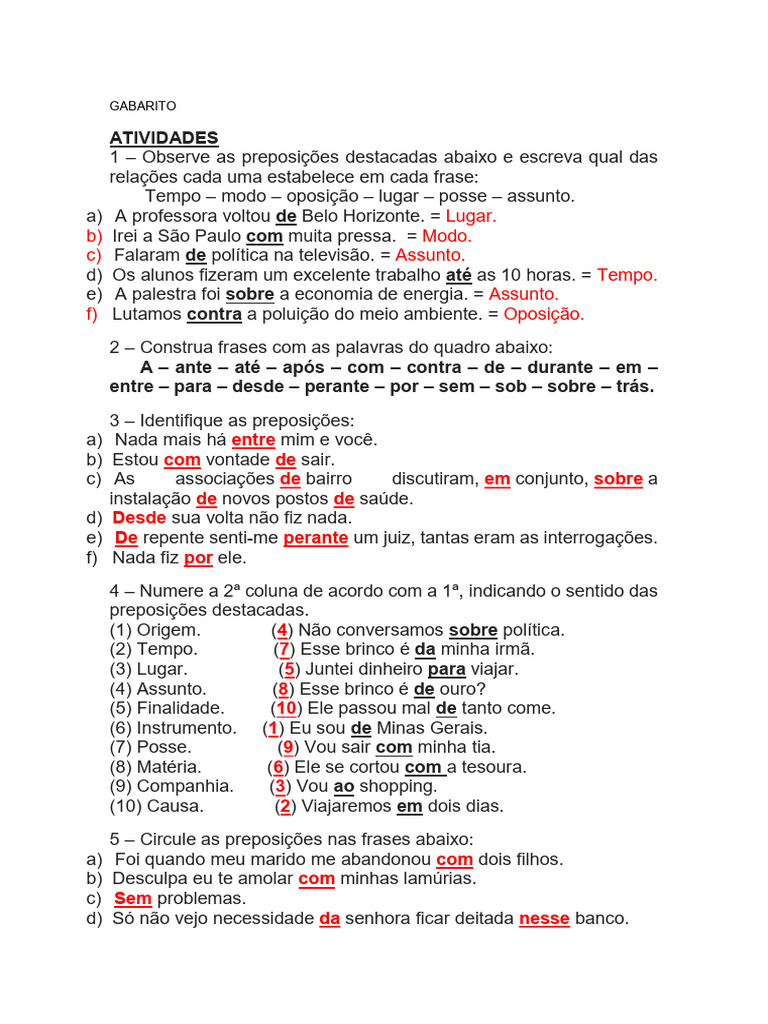 Gabarito Preposição | PDF | Tempo