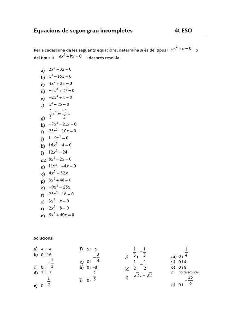 Equacions de Segon Grau Incompletes | PDF