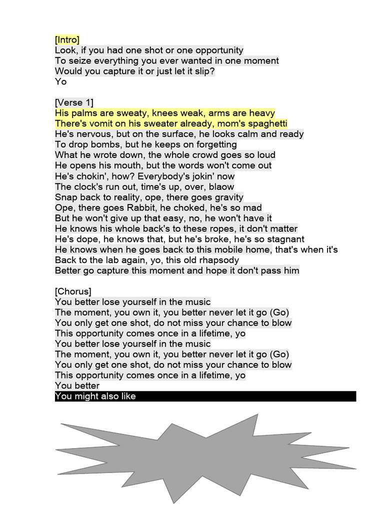 Lose Yourself Lyrics Analysis | PDF | Art | Poetry