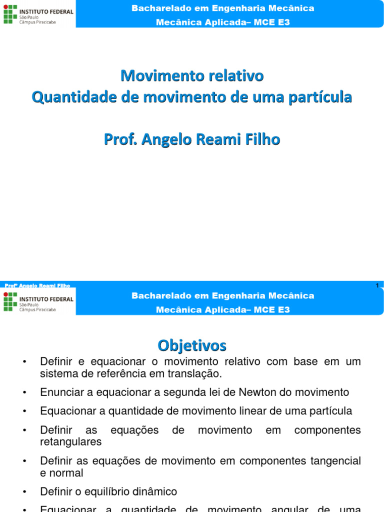 MEC E3 - Aula 4 Movimento Relativo e Quantidade de Movimento | PDF ...