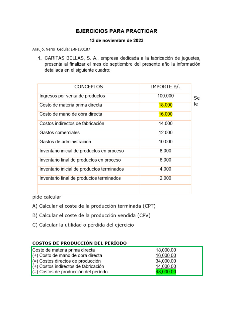 Cálculo de Costos y Utilidades Empresariales | PDF | Inventario ...