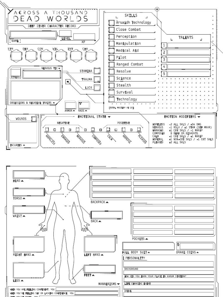 ATDW Character Sheet Form Fillable PDF Psychology