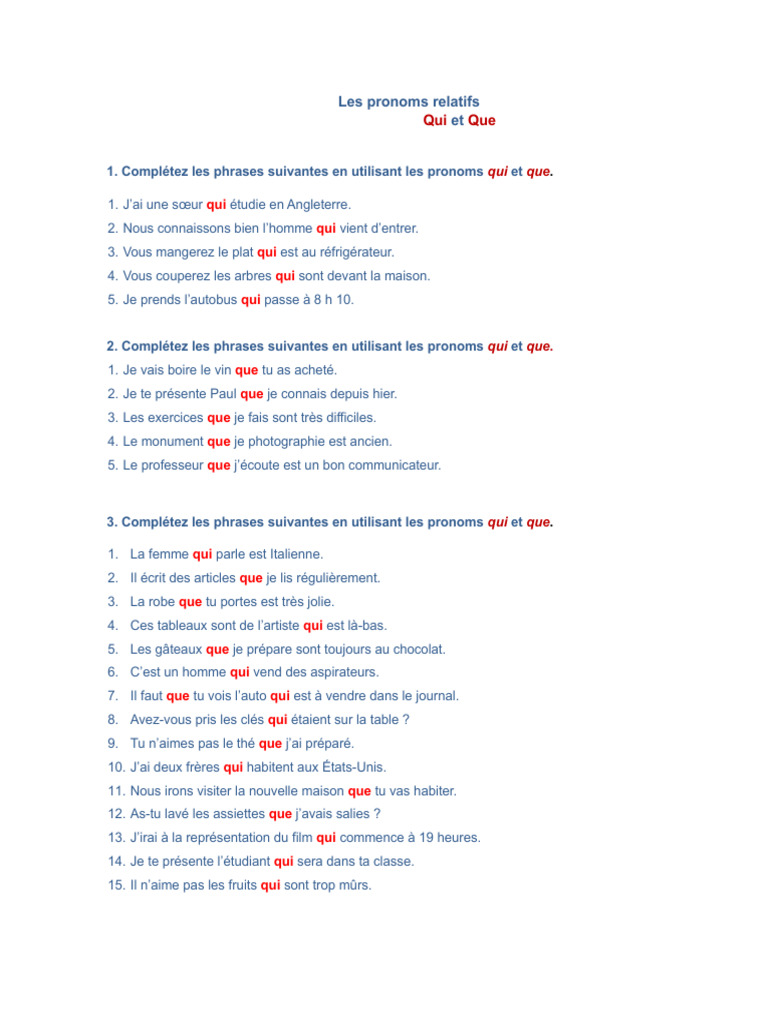 Exercices sur les pronoms relatifs qui et que | PDF