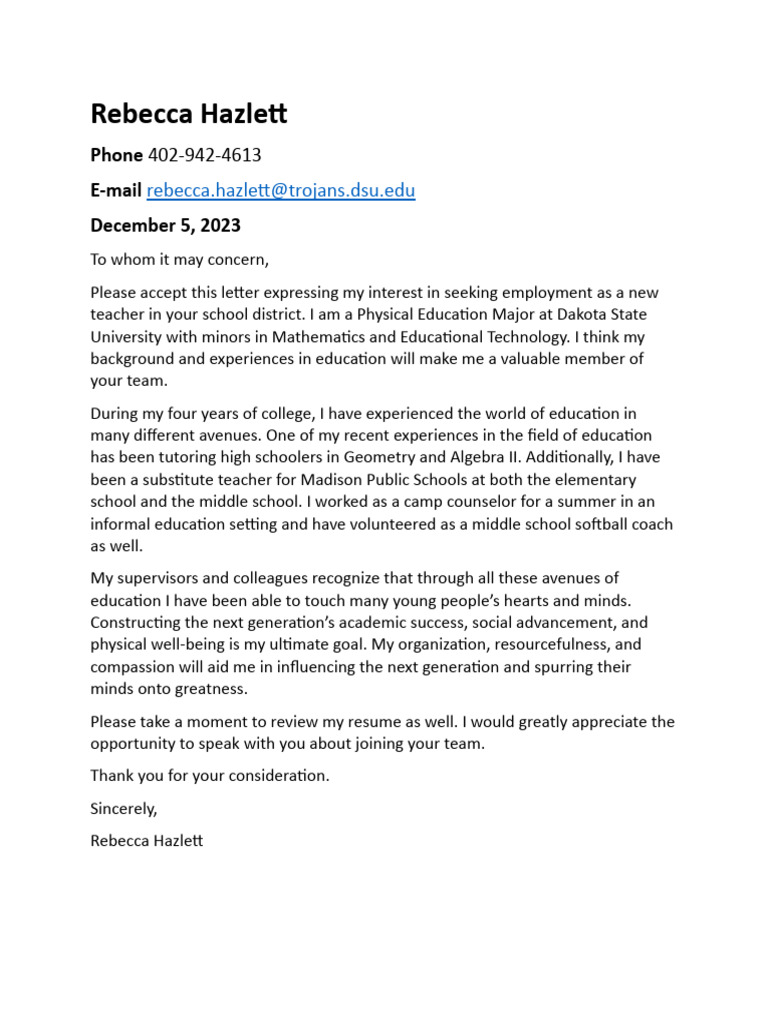 Rebecca Hazlett Cover Letter | PDF | Social Science | Wellness