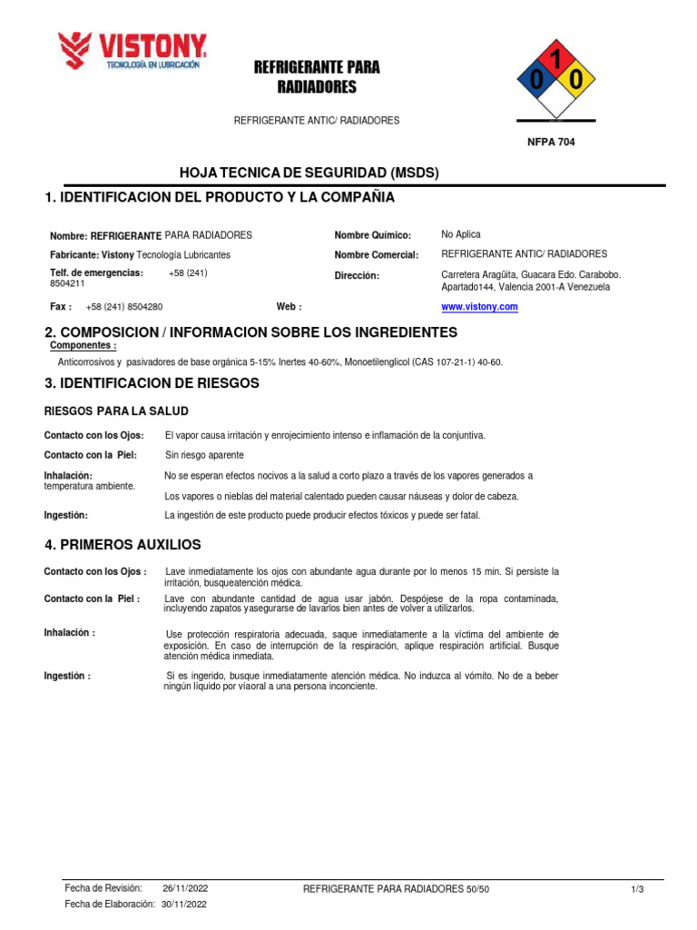 Refrigerante Vistony 50/50: MSDS y Usos | PDF | Administración de ...