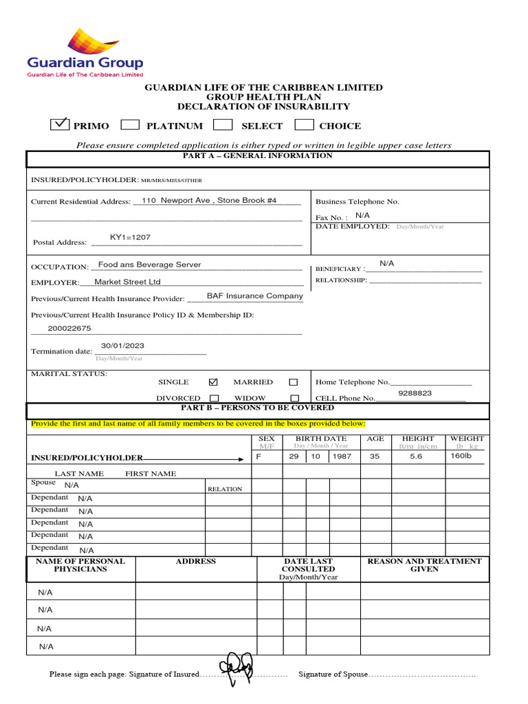 CHOICE Health Insurance Contract Application Form 2022 PDF