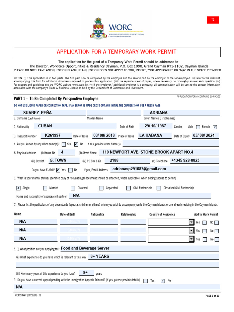 Cayman Islands Temporary Work Permit Application | PDF | Employment ...