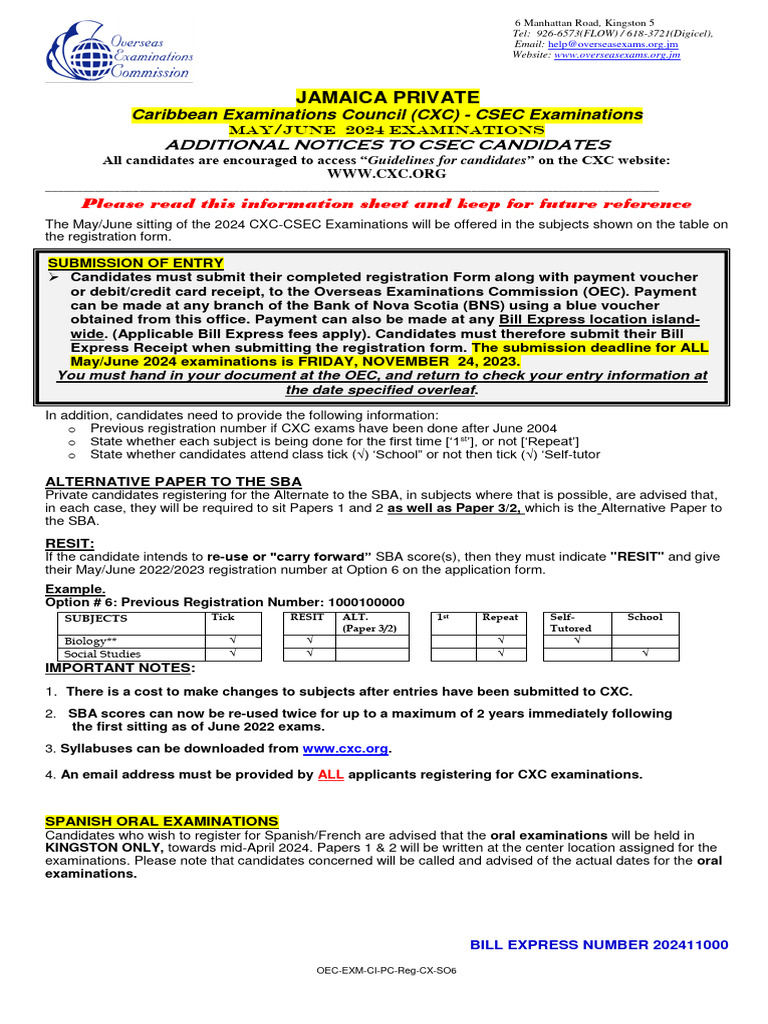 CSEC May June 2024 Entry Form PDF