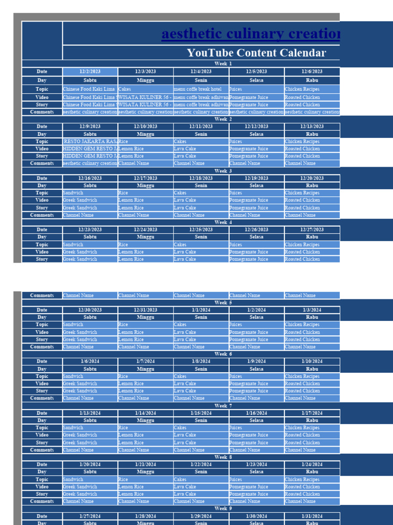 YouTube Content Calendar PDF Pomegranate Lemon