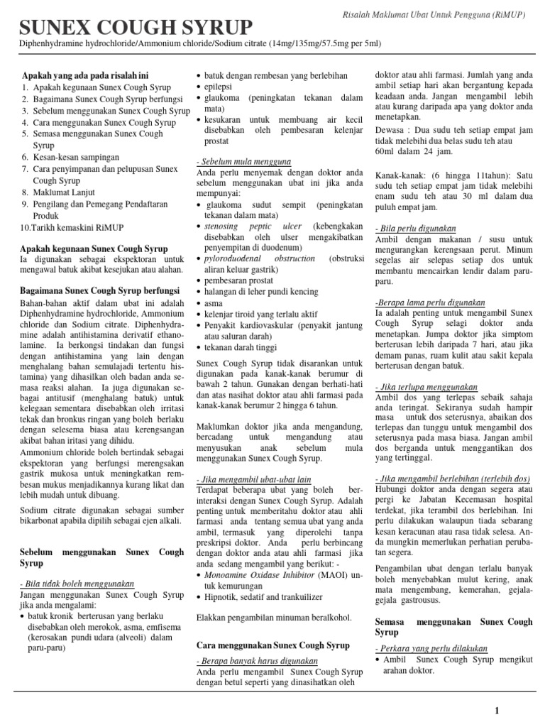 Sunex Cough Syrup Diphenhydramine Ammonium Chloride Sodium Citrate Sunward Pharmaceutical Sdn