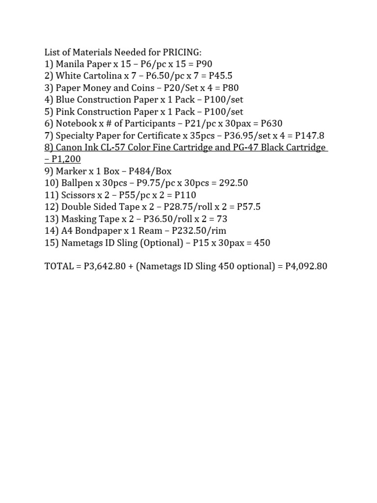list-of-materials-needed-for-pricing-pdf