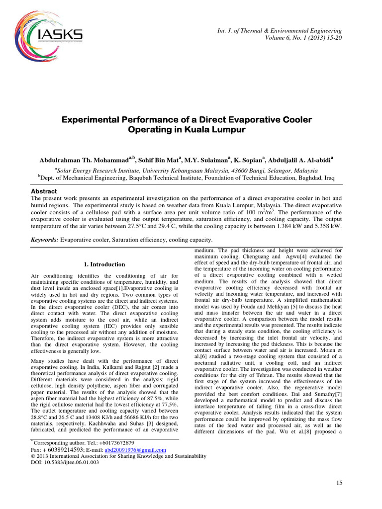 A Direct Evaporative Cooler Operating in Kuala Lumpur | PDF | Humidity ...