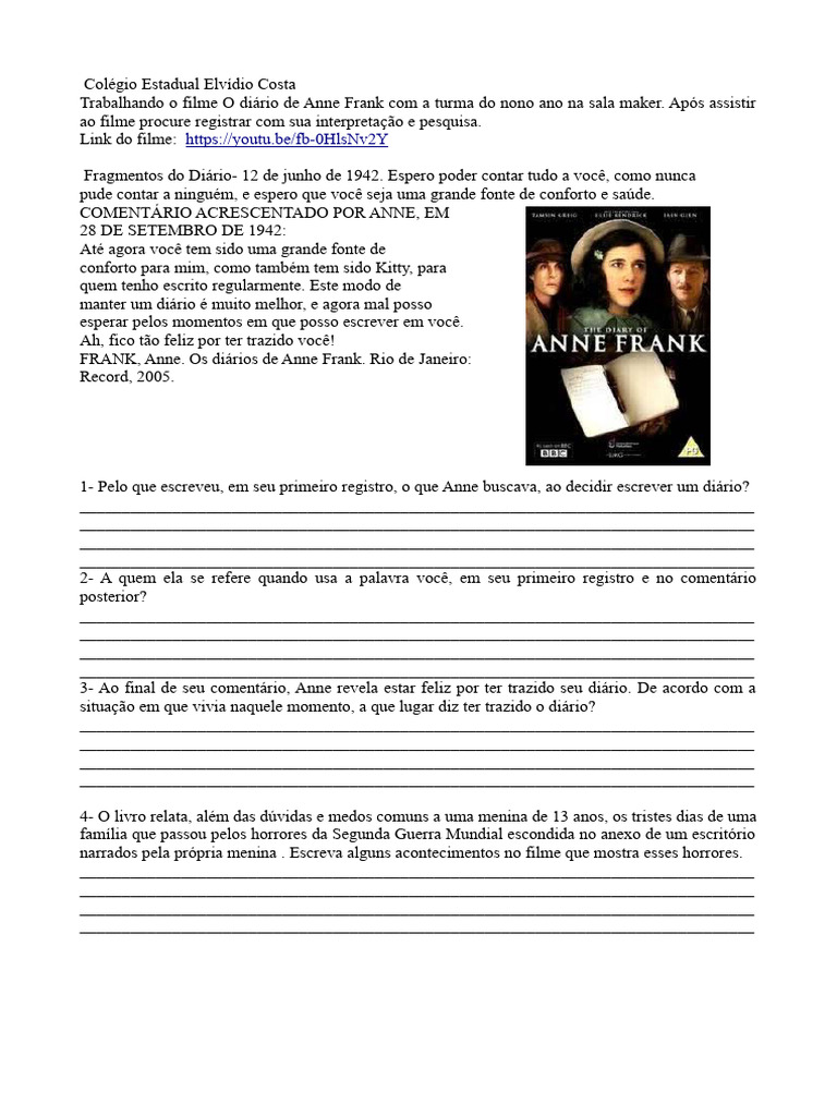 Atividades sobre o di rio de anne frank 9 ano pdf anne frank