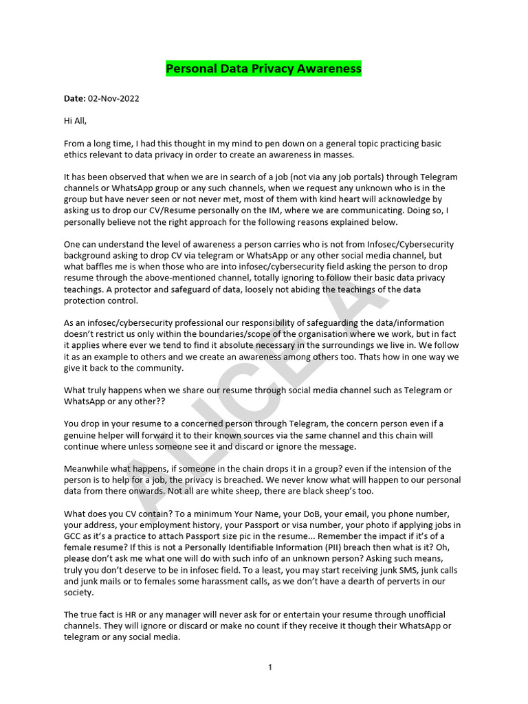 Personnel Data Privacy Awareness Pdf Privacy Information Security