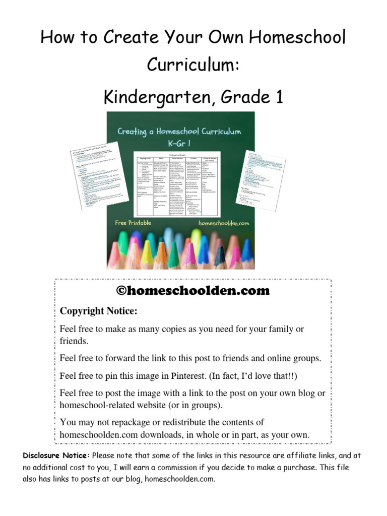 Creating a homeschool curriculum kindergarten grade 1 free homeschool