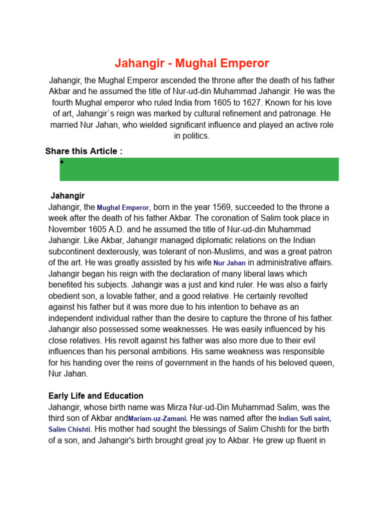 Jahangir Reign | PDF | Mughal Empire | Timurid Dynasty