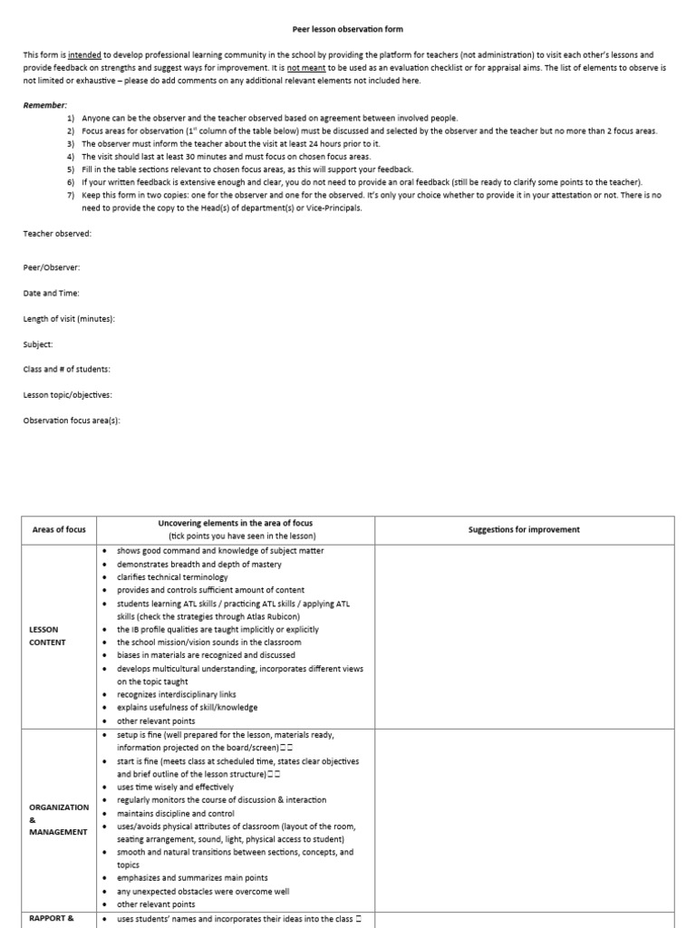 Peer lesson observation form pdf teachers teaching method