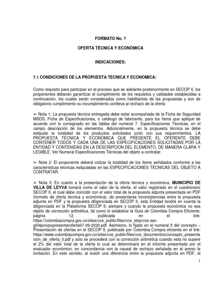 FORMATO No. 7 OFERTA TÉCNICA Y ECONOMICA | PDF | Aritmética | Partes de ...