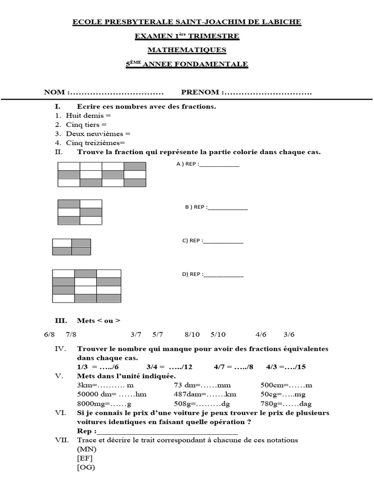 Examen de Mathématiques 5ème Année | PDF | Mathématiques ...