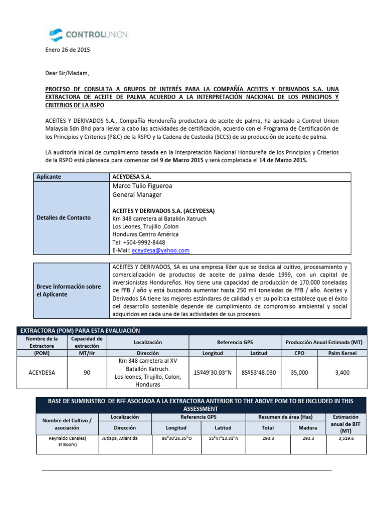 Rspopc stakeholder letter aceites y derivados s a aceydesa a