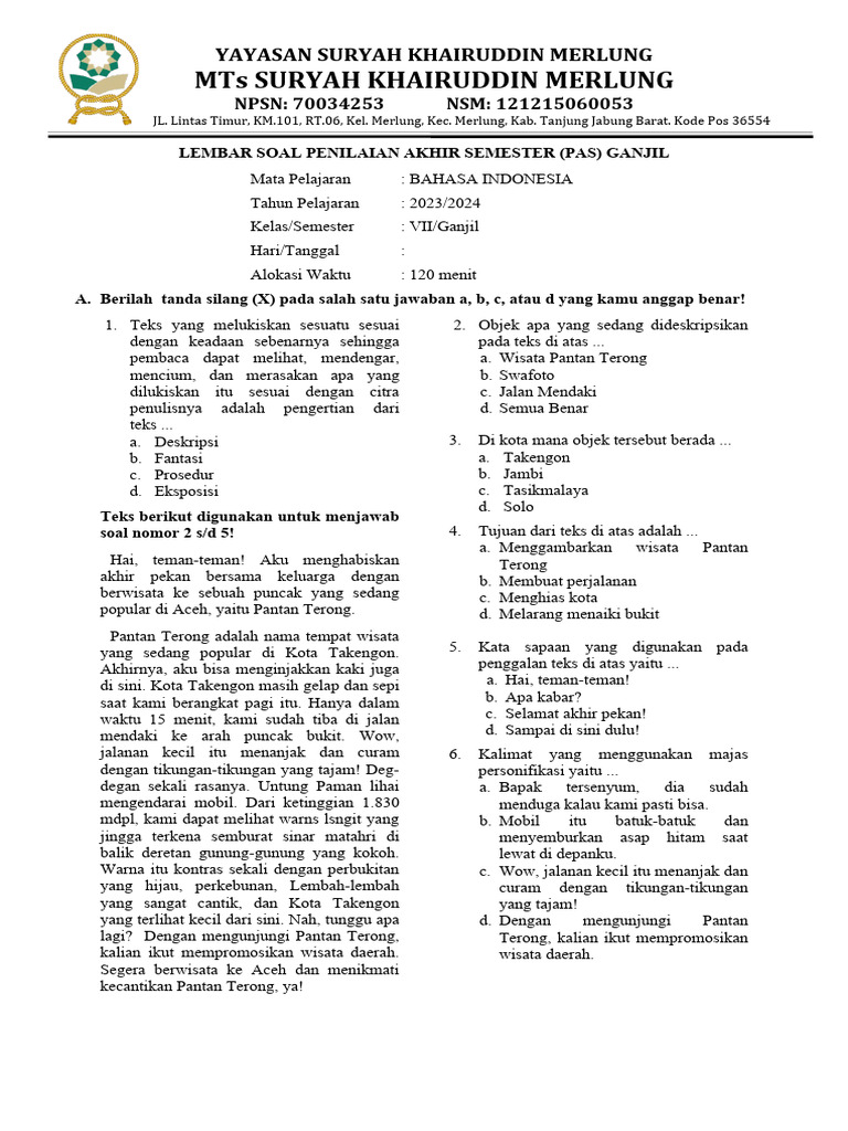 Soal Ujian Bindo 7 Ganjil | PDF