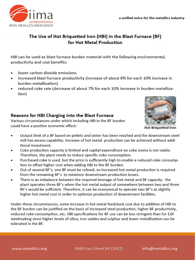 4 HBI in BF Fact Sheet - Rev3 | PDF | Blast Furnace | Iron