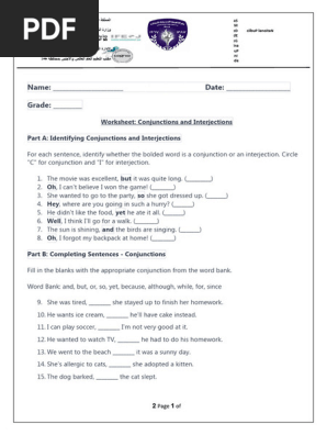 Conjunctions And Interjection Worksheet Worksheet For 5th 10th Grade