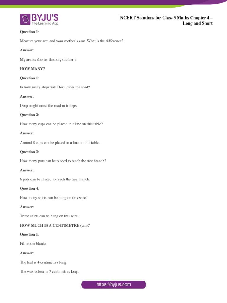 NCERT Solutions For Class 3 Maths Chapter 4 Long and Short | PDF | Length