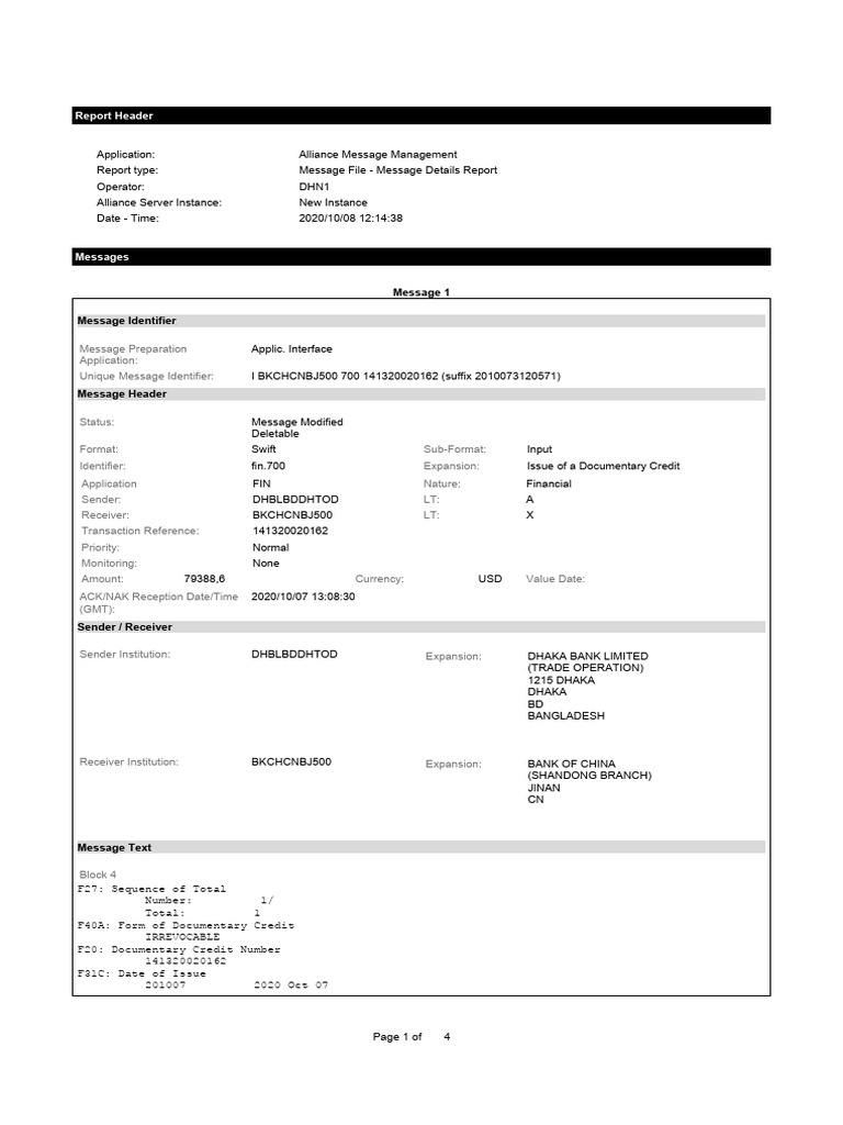 Documentary Credit Message Report | PDF | Bill Of Lading | Cargo
