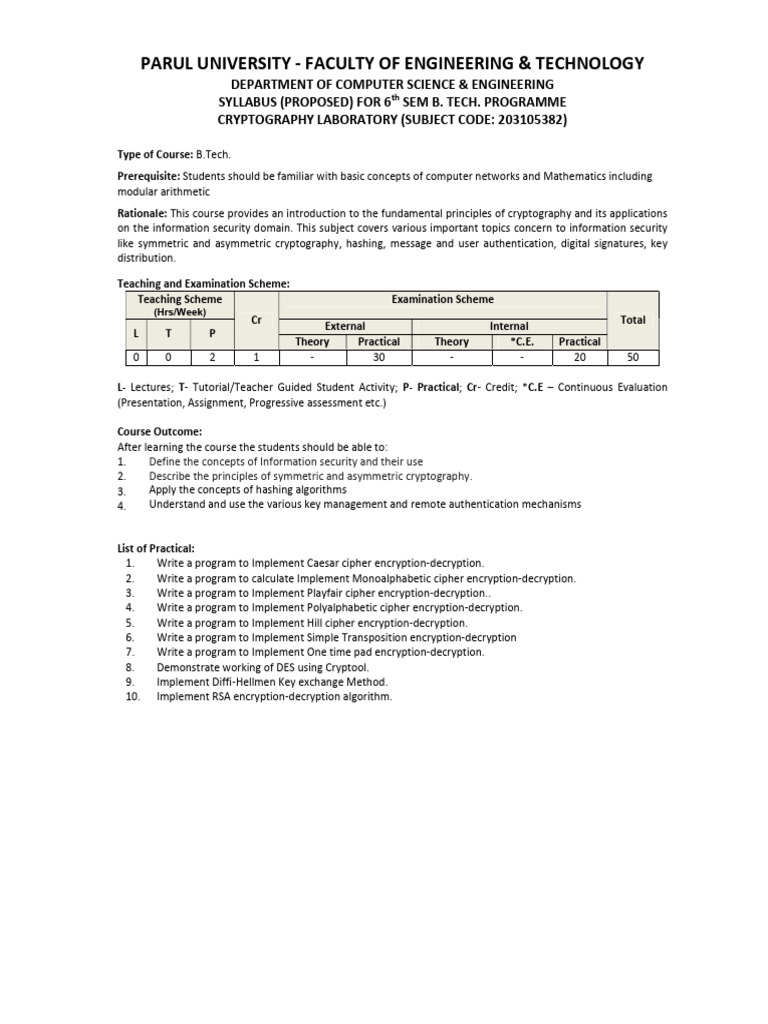 Cryptography Lab Syllabus 6th Sem Pdf Cryptography Encryption