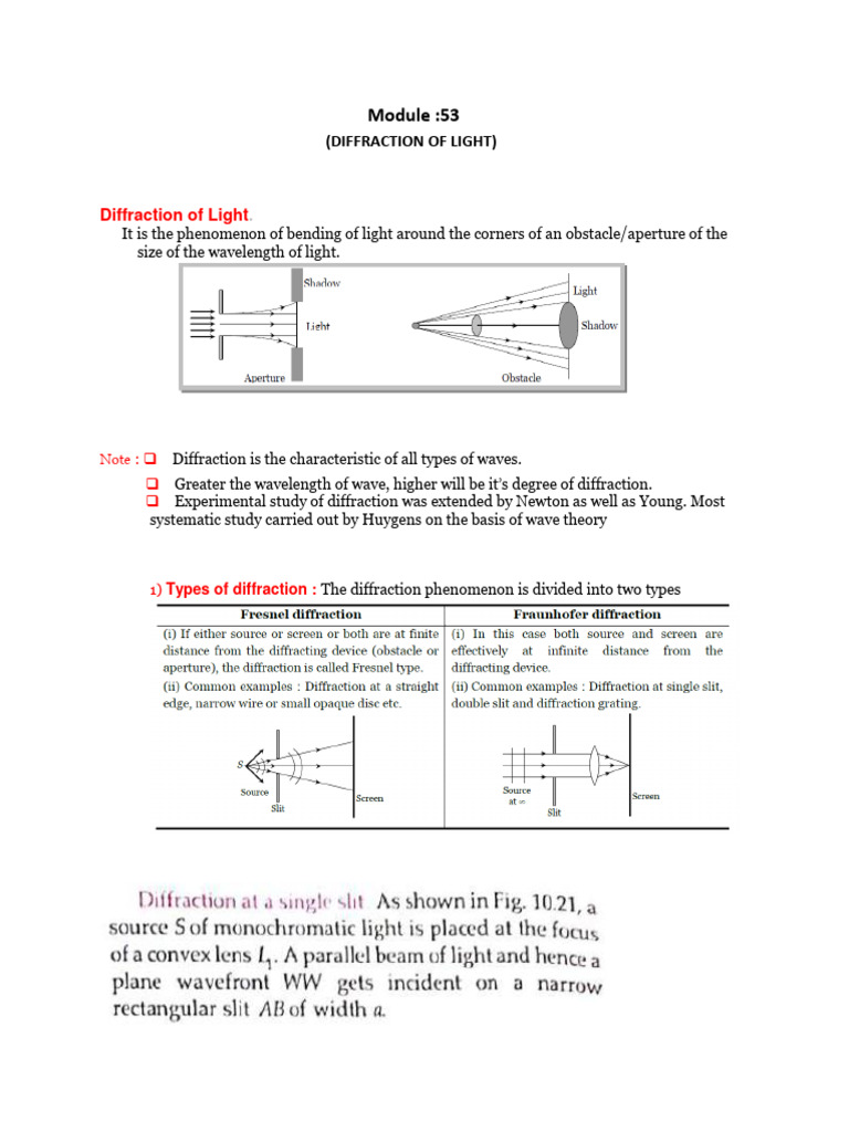 Diffraction of Light: Class 12 Notes | PDF