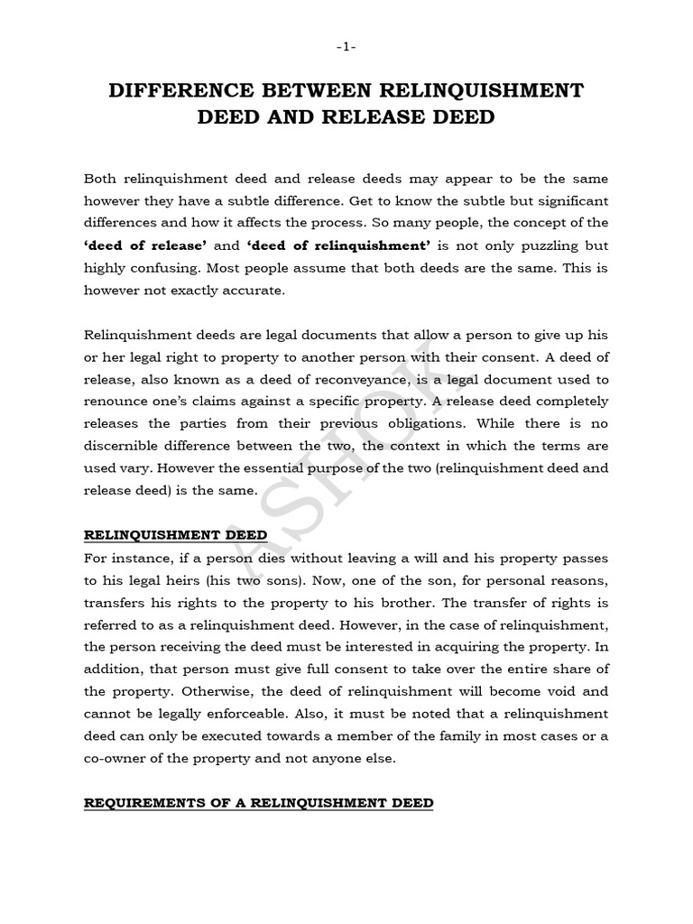 Difference Between Relinquishment Deed and Release Deed PDF Deed