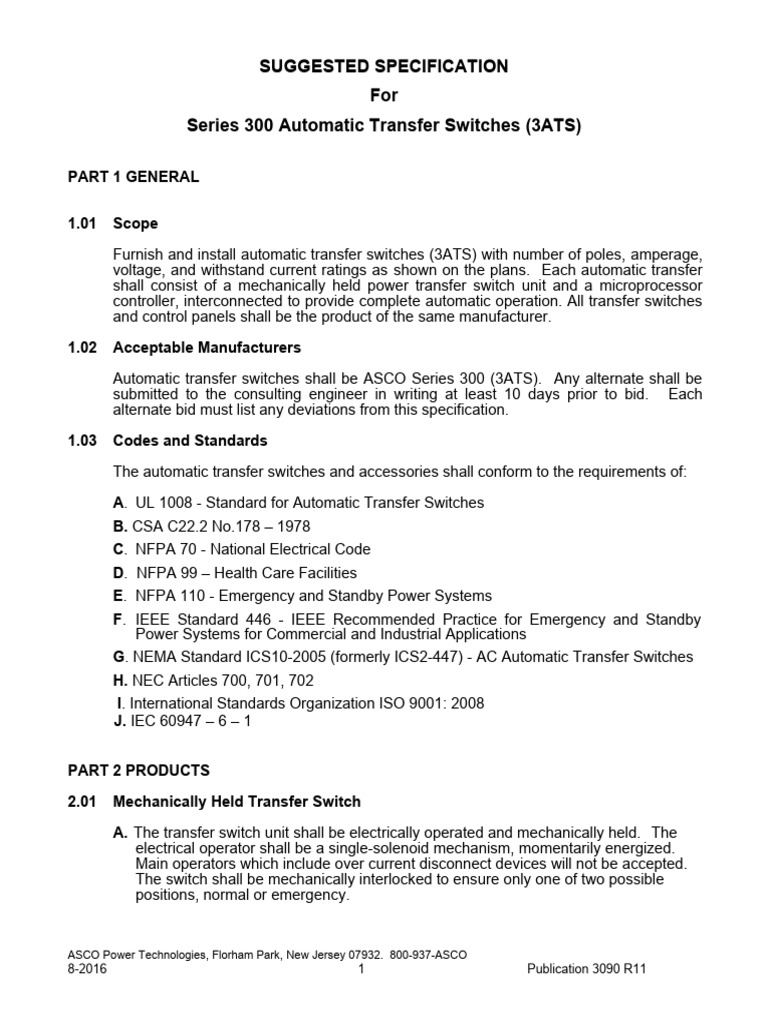 ASCO Series 300 ATS Specifications | PDF | Switch | Network Switch