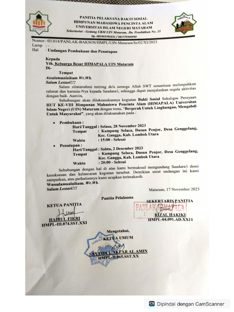 Undangan Pembuka Dan Penutupan Keluarga Besar HIMAPALA UIN Mataram | PDF