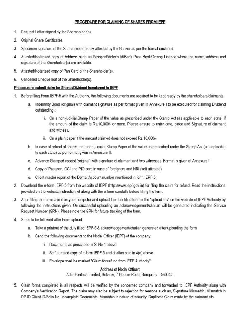 Procedure for claiming of shares from iepf pdf