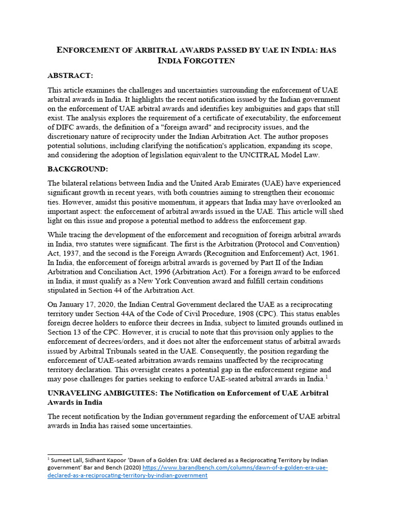 Enforcement of UAE Arbitral Awards in India | PDF | Arbitration ...
