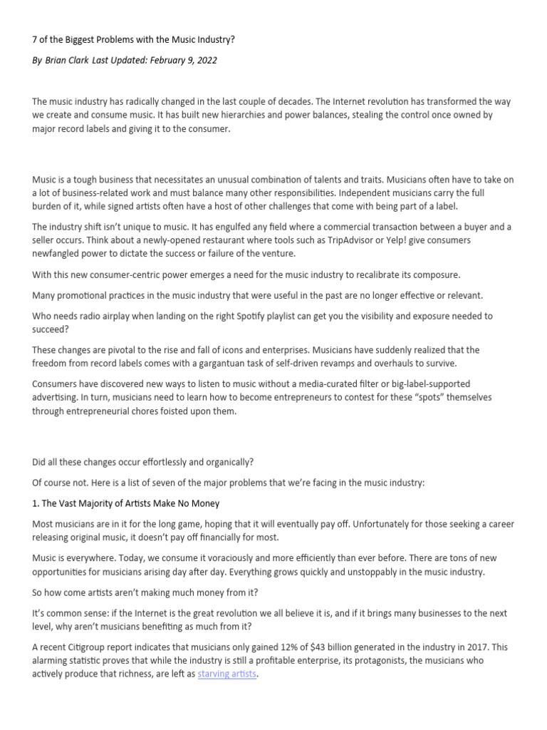 7 of The Biggest Problems With The Music Industry | PDF | Spotify