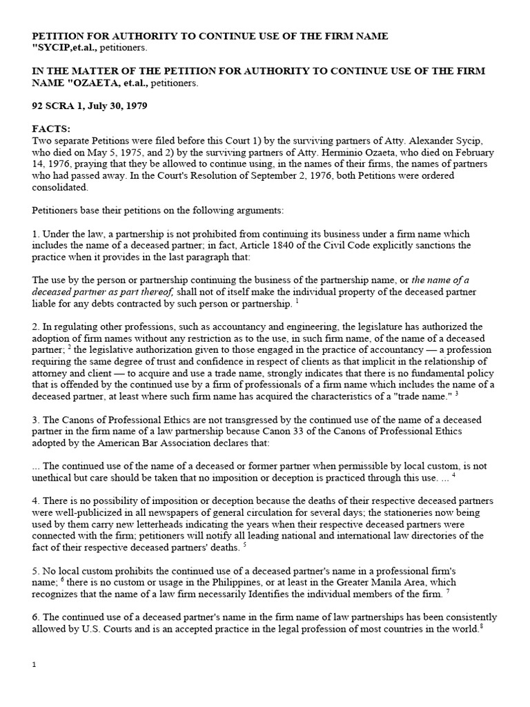 Case 1. Sycip, 92 SCRA 1 (1979), Full Text - Docx DIGESTED | PDF ...