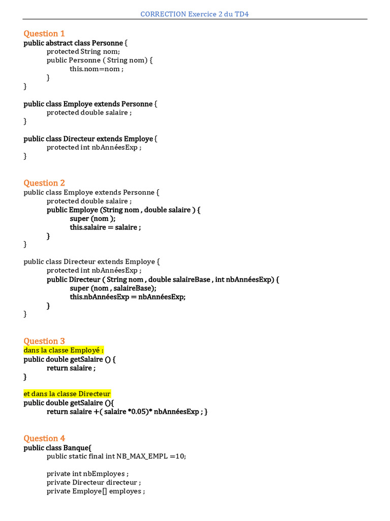 Correction TD4 : Classes Java Employé et Directeur | PDF | Évolution de ...
