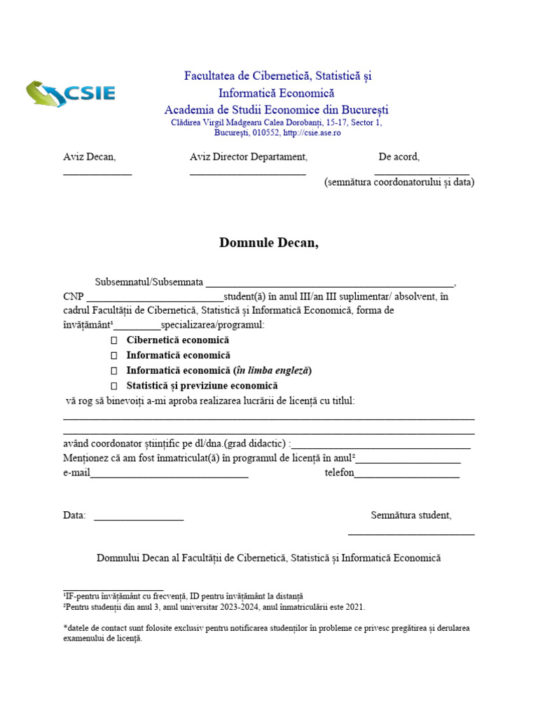 CSIE Model Cerere-Licenta-2023 2024 | PDF