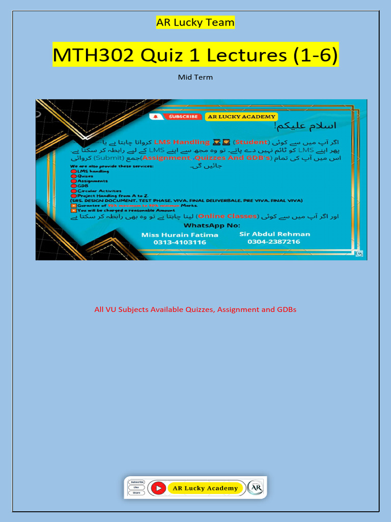 MTH302 Quiz 1 Lec (1-6) BY AR Lucky Team | PDF | Educational Stages ...