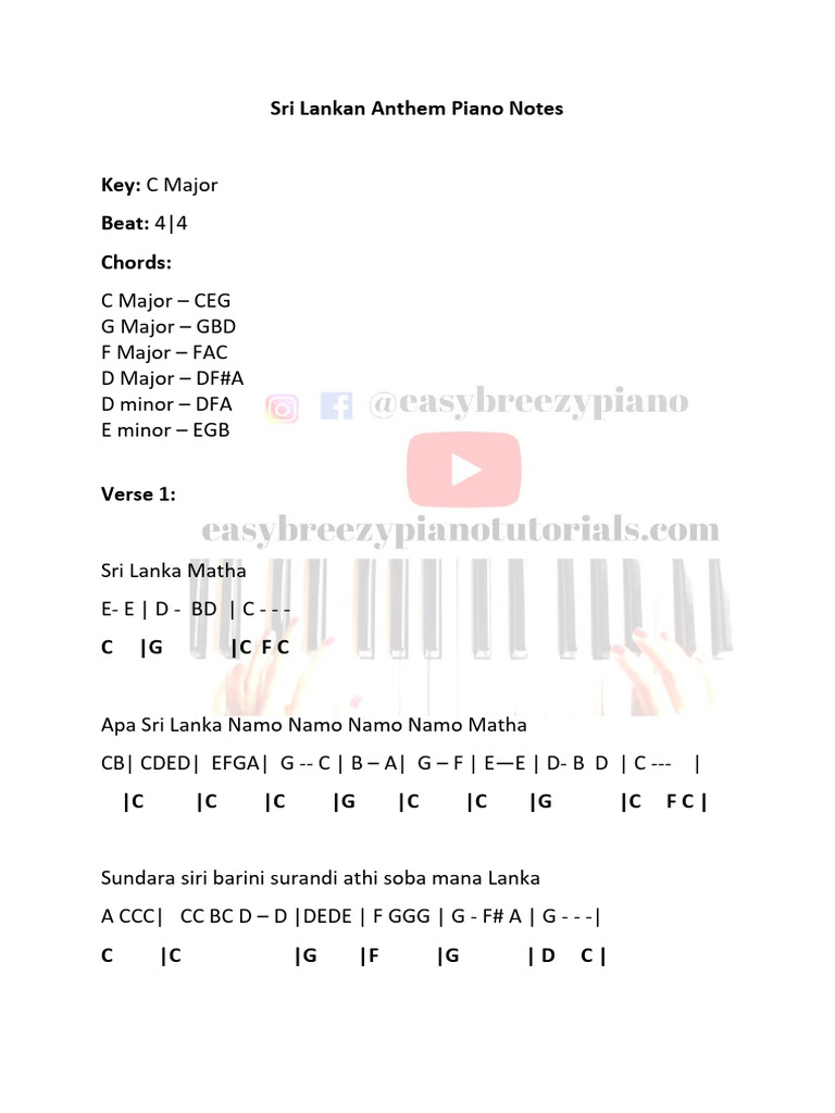 Sri Lankan Anthem Piano Notes 1 PDF Rabindranath Tagore South Asia