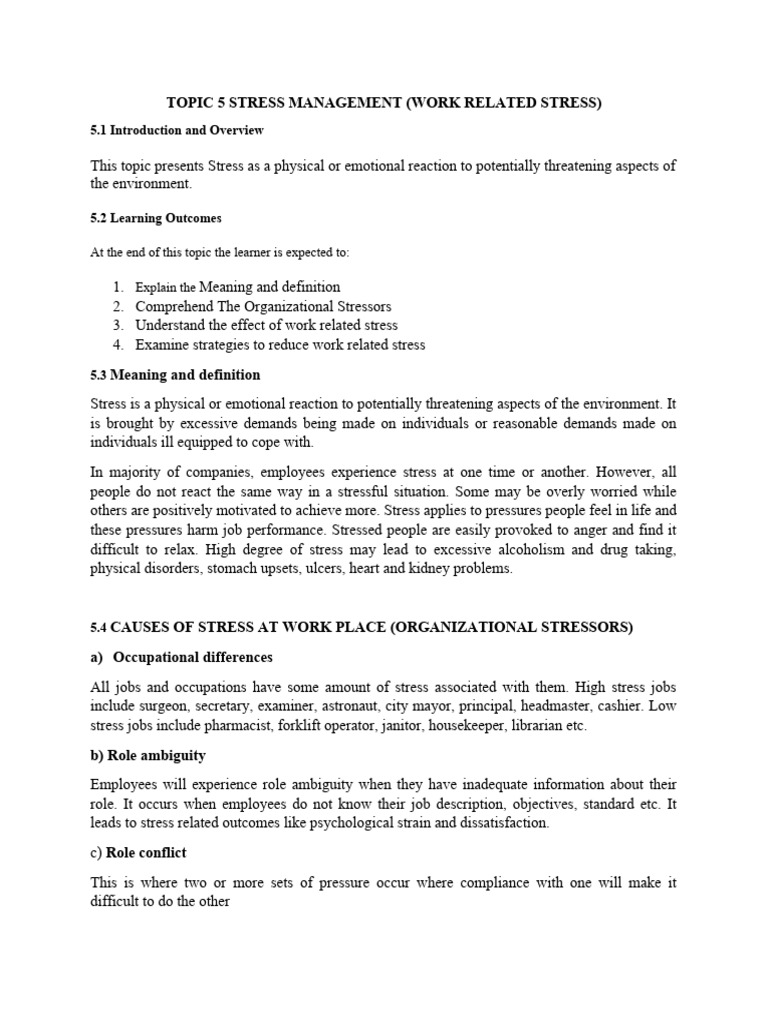 Topic 5 Stress Management (Work Related Stress) | PDF | Occupational ...