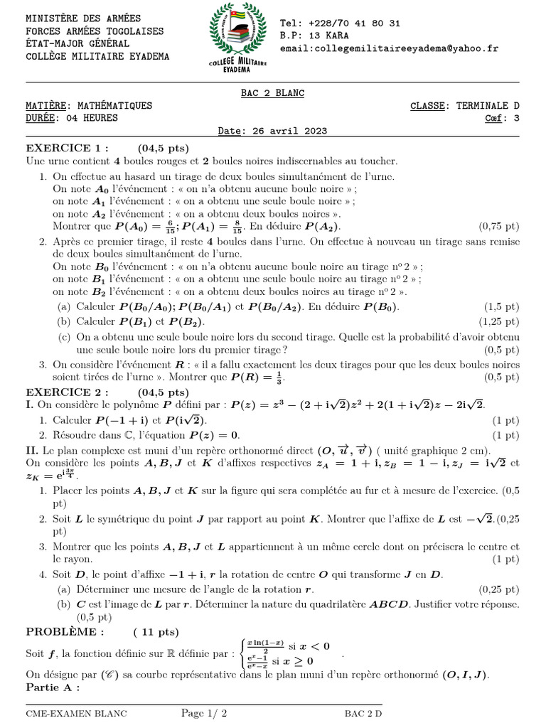 Examen Blanc Mathématiques BAC 2 D | PDF | Concepts mathématiques ...