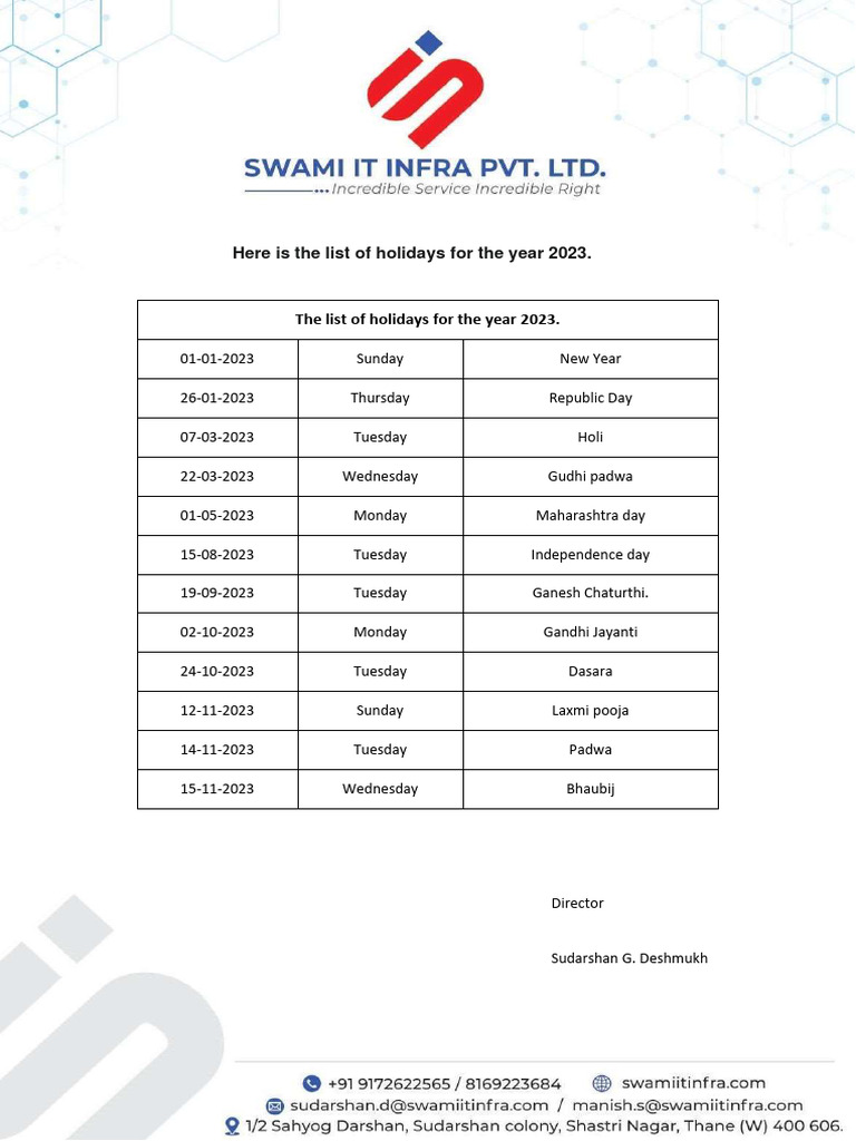 Annual Holiday List Pdf