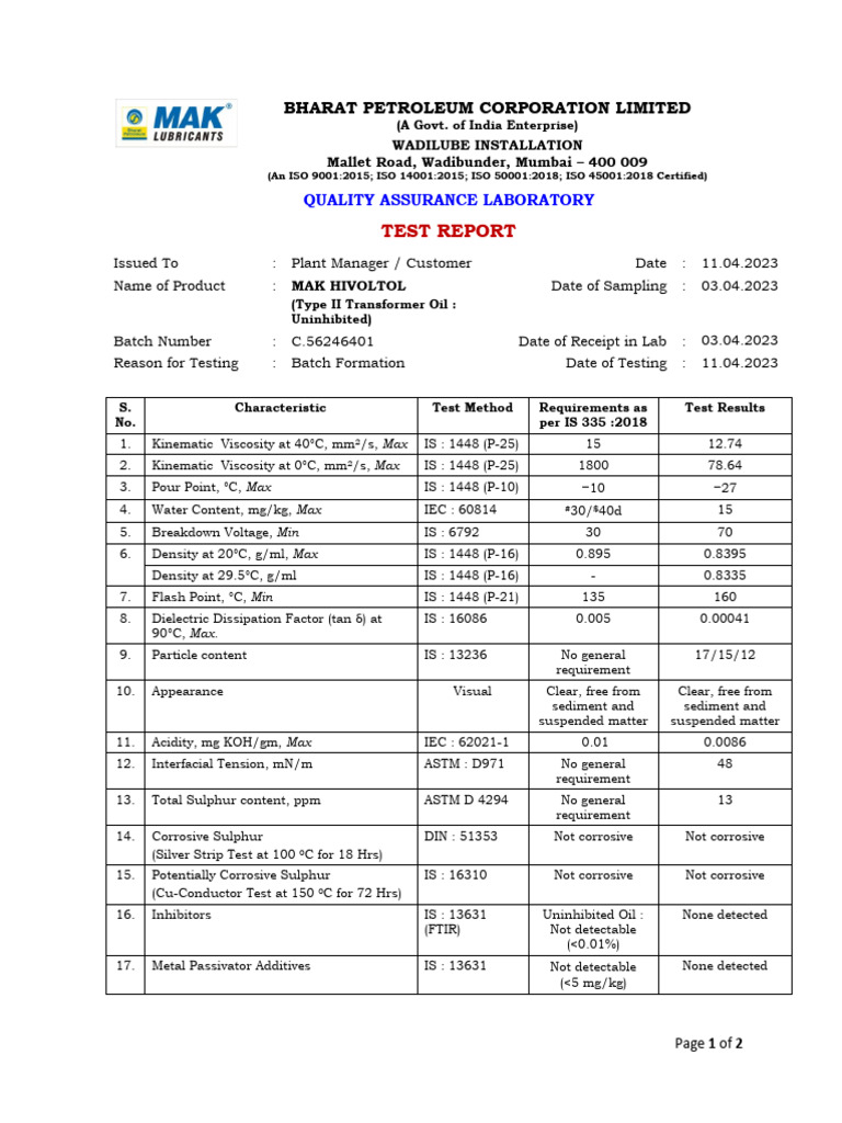 MAK HIVOLTOL Transformer Oil Test Report | PDF | Physical Sciences ...