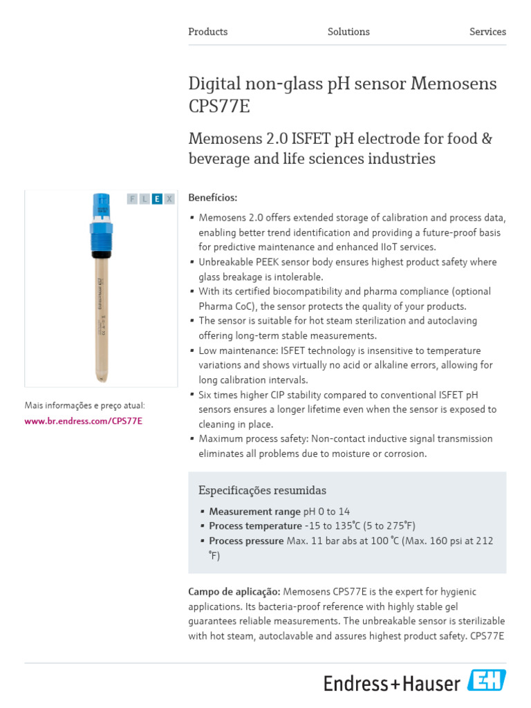 Endress-Hauser Memosens CPS77E PT | PDF | Sensor | Ph
