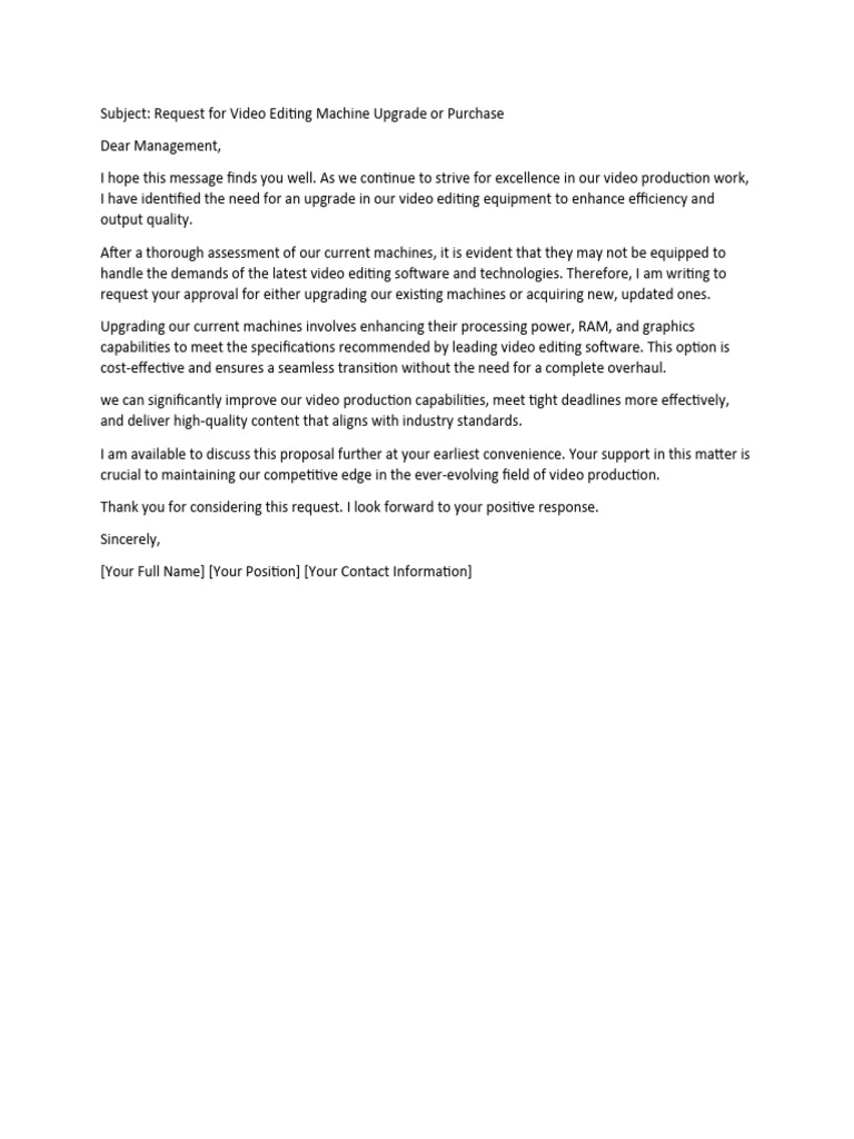 application or Request for Video Editing Machine Upgrade or Purchase PDF