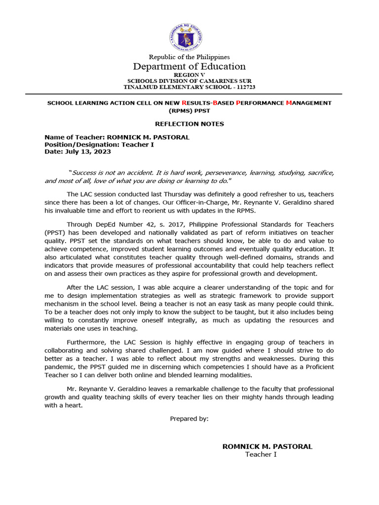 LAC Session Reflection Notes 2023 | PDF | Teachers | Learning